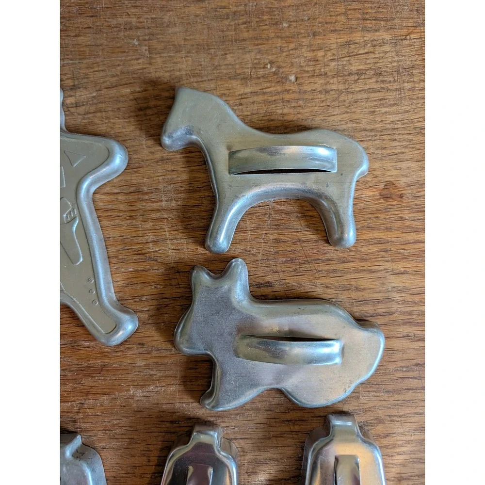 Vintage Aluminum Cookie Cutter 15pc Red Wood Handle Animals Bells Space Cadet